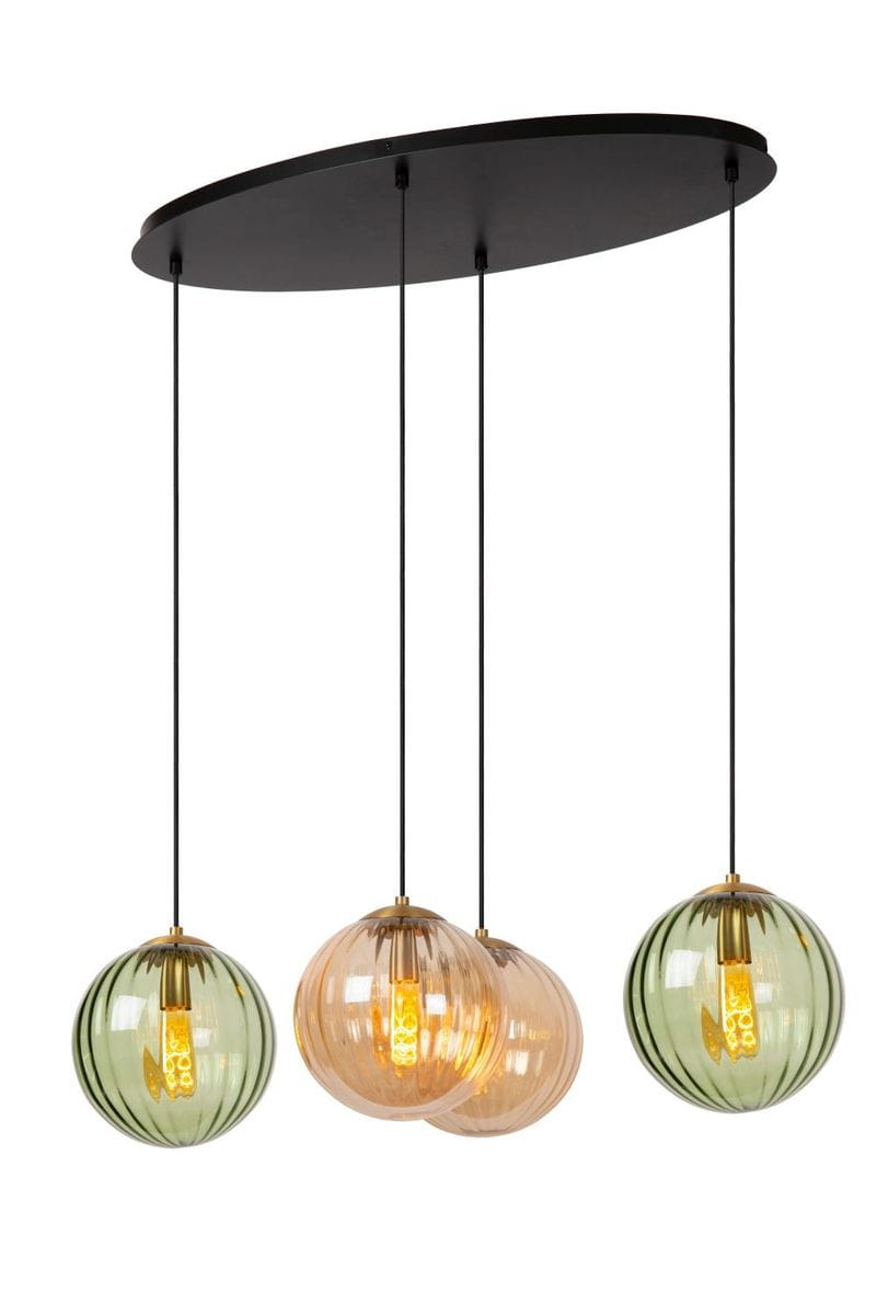 Lampa wisząca Monsaraz 4-punktowa w kolorze czarnym z multikolorowymi, okrągłymi kloszami w odcieniach zieleni i różu. Klosze zawieszone na cienkich, czarnych linkach, mocowane do prostokątnej podstawy. Dobrze widoczna konstrukcja i detal lampy.