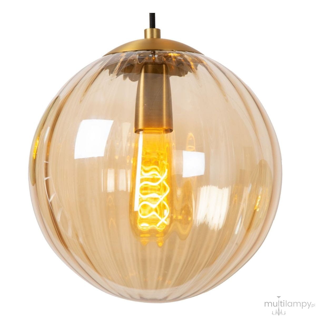 Lampa wisząca Monsaraz 1-punktowa w czarnej oprawie z bursztynowym, szklanym kloszem. Klosz ma okrągły kształt, a widoczna żarówka o spiralnym kształcie emituje ciepłe światło. Lampa zawieszona na czarnym przewodzie.