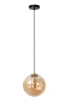 Czarna lampa wisząca Monsaraz 1-punktowa z bursztynowym, szklanym kloszem w kształcie kuli. Zawieszona na cienkim, czarnym przewodzie, montowana do sufitu. Klosz ma teksturowaną powierzchnię, która odbija światło.