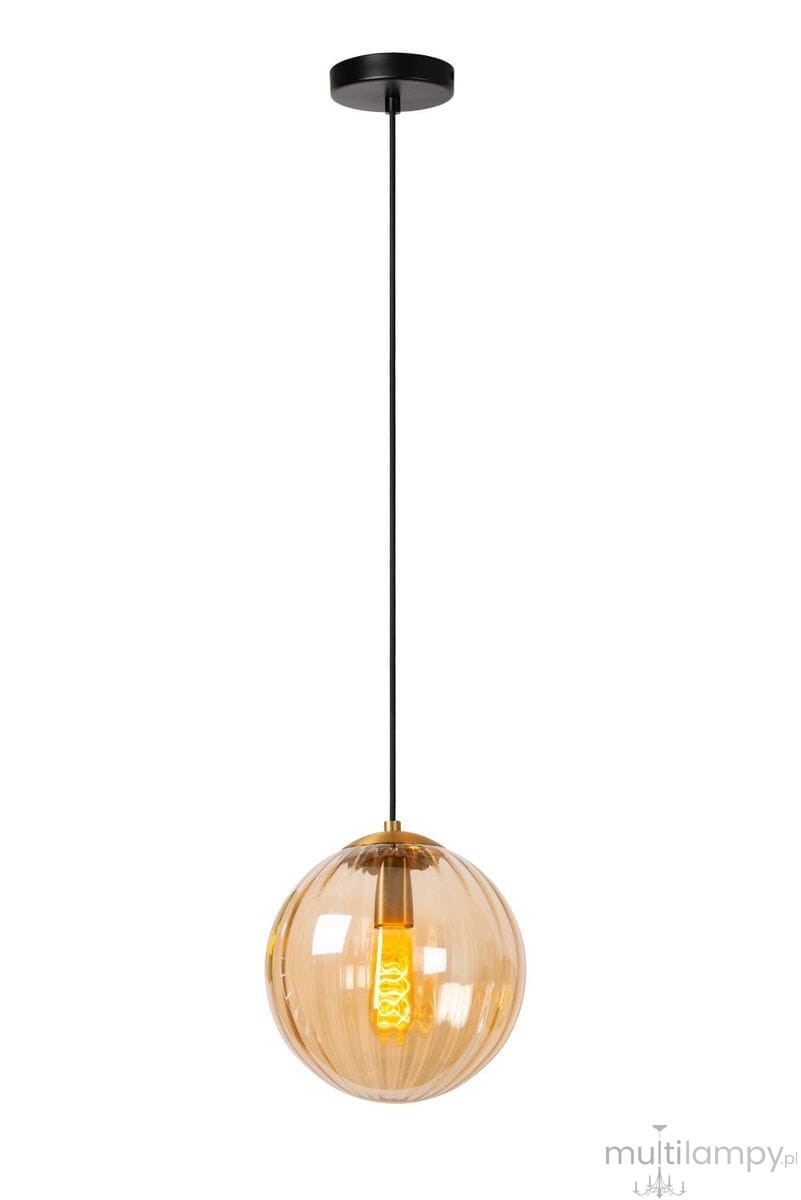 Lampa wisząca Monsaraz 1-punktowa w kolorze czarnym i bursztynowym, z przezroczystym kloszem w kształcie kuli. Zawieszona na cienkim, czarnym przewodzie. Widoczna żarówka w środku, w otoczeniu prostego, jasnego tła.