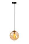 Lampa wisząca Monsaraz 1-punktowa w kolorze czarnym i bursztynowym, z przezroczystym kloszem w kształcie kuli. Zawieszona na cienkim, czarnym przewodzie. Widoczna żarówka w środku, w otoczeniu prostego, jasnego tła.