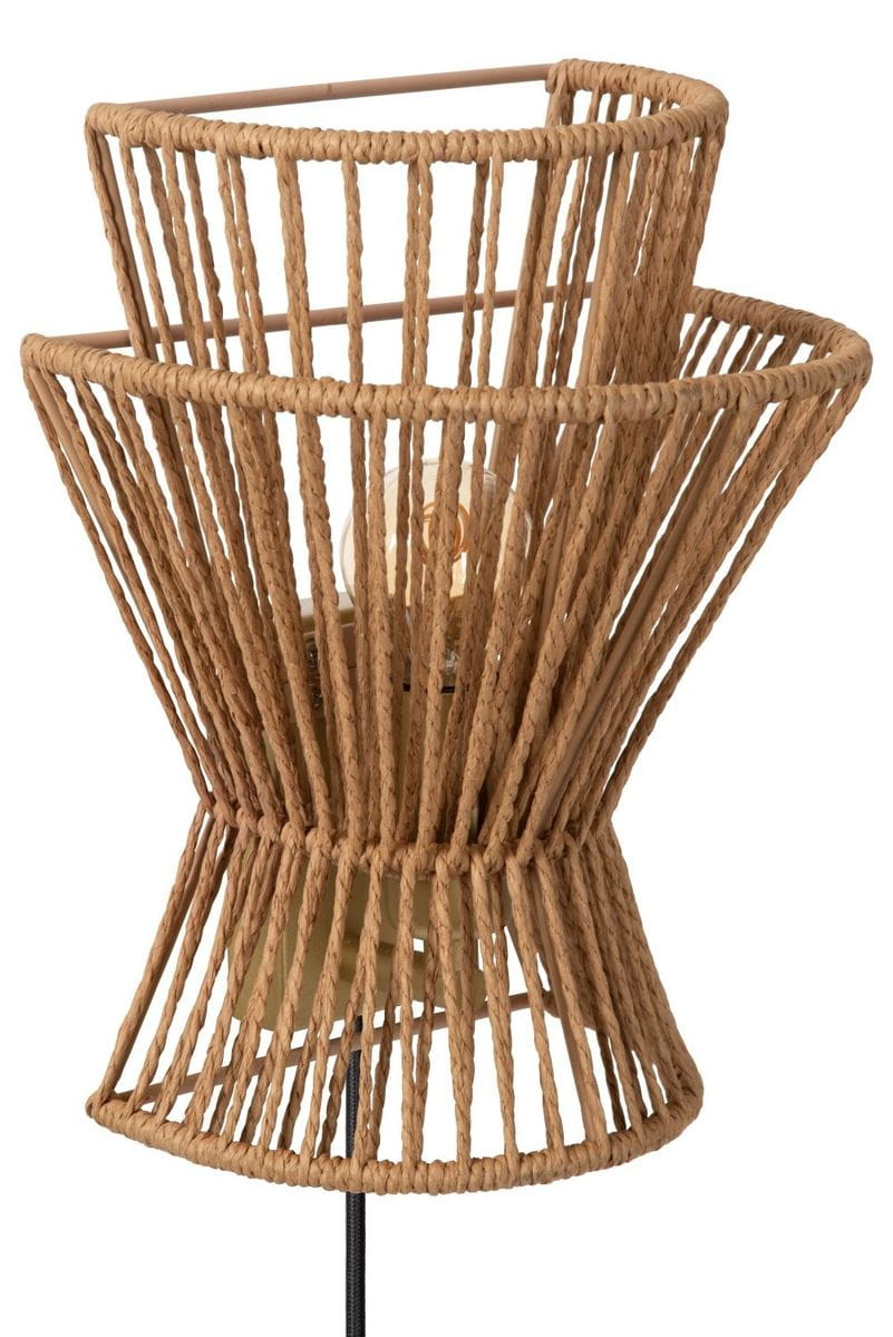 Kinkiet Tasman 1-punktowy w matowym złocie i mosiądzu, z plecionką z włókna naturalnego, o stożkowatym kształcie. Ujęcie z boku, ukazujące szczegóły konstrukcji i lampy w środku. Tło proste, podkreślające design lampy.