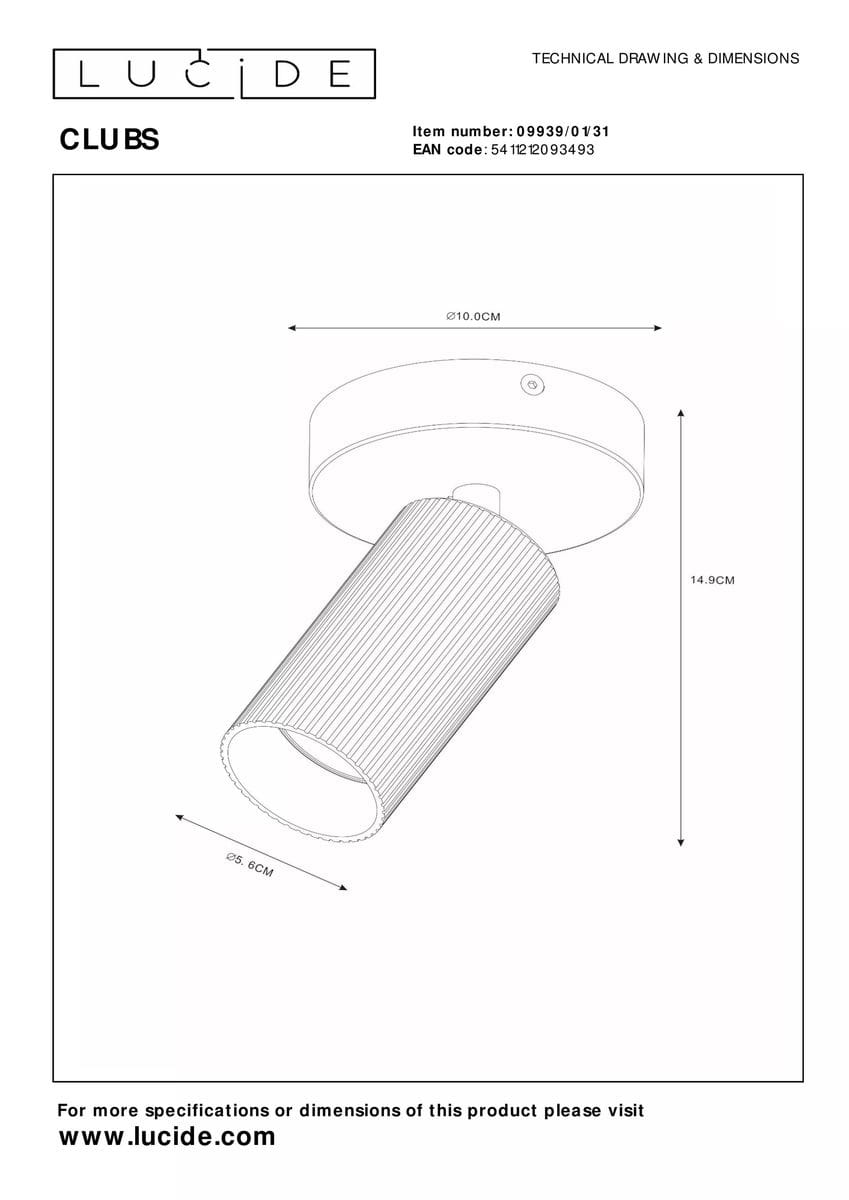 Biała lampa sufitowa (spot) Clubs o wysokości 14,9 cm i średnicy 10 cm, z cylindrycznym kloszem z rowkowanej faktury. Montowana na okrągłej podstawie. Wymiary klosza: średnica 5,6 cm. Idealna do oświetlenia wnętrz.
