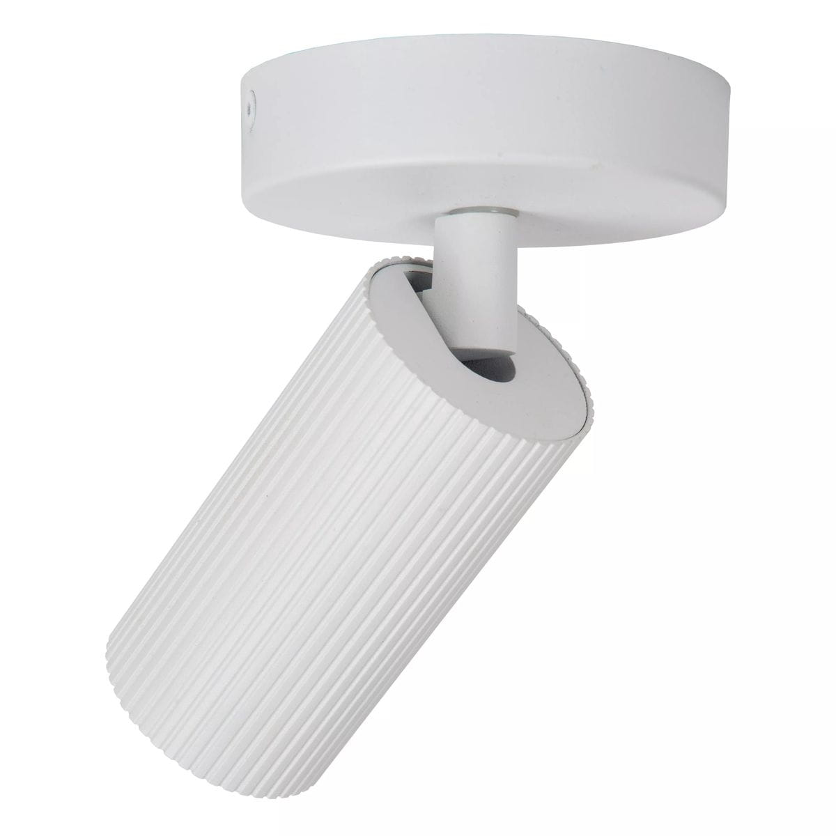 Lampa sufitowa (spot) Clubs 1-punktowa w kolorze białym. Posiada cylindryczny klosz z teksturą pionowych żłobień, zamontowany na okrągłej podstawie. Kąt ujęcia z boku, ukazujący detale konstrukcji. Idealna do nowoczesnych wnętrz.