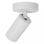 Lampa sufitowa (spot) Clubs 1-punktowa w kolorze białym. Posiada cylindryczny klosz z teksturą pionowych żłobień, zamontowany na okrągłej podstawie. Kąt ujęcia z boku, ukazujący detale konstrukcji. Idealna do nowoczesnych wnętrz.