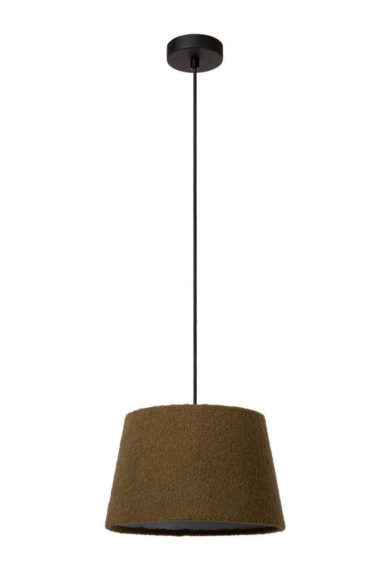 Lampa wisząca Woolly 1-punktowa w kolorze czarnym i zielonym. Okrągły klosz w odcieniu ciemnozielonym, wykonany z teksturowanego materiału, zawieszony na cienkim czarnym przewodzie. Klosz ma stożkowaty kształt, otwarty od dołu.