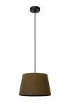 Lampa wisząca Woolly 1-punktowa w kolorze czarnym i zielonym. Okrągły klosz w odcieniu ciemnozielonym, wykonany z teksturowanego materiału, zawieszony na cienkim czarnym przewodzie. Klosz ma stożkowaty kształt, otwarty od dołu.