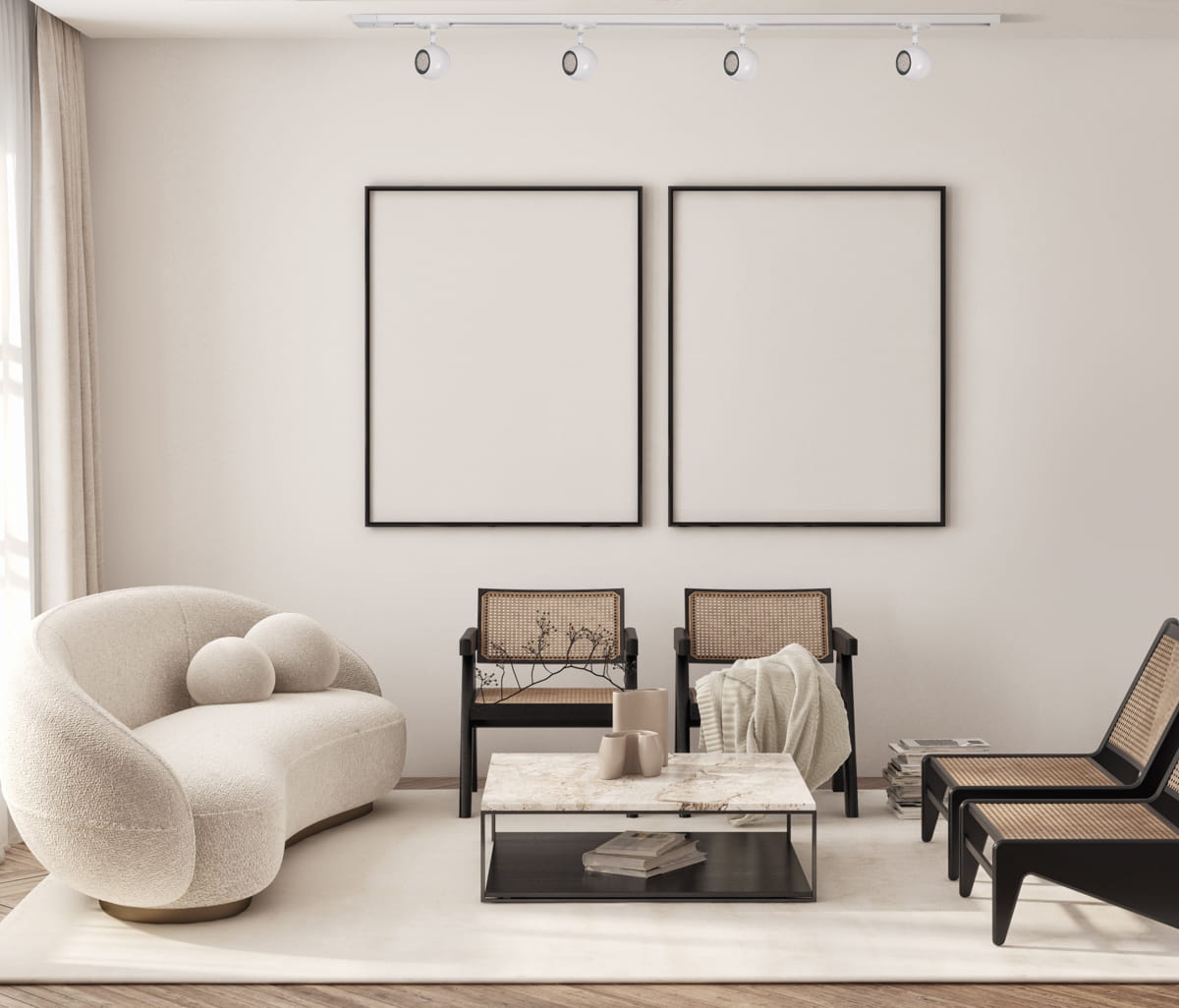Zestaw szynowy 1,5m Marvi TR Blake w kolorze białym z czterema punktowymi reflektorami GU10, zamontowany na suficie w nowoczesnym wnętrzu. Reflektory kierunkowe, minimalistyczny design, pasujący do różnych aranżacji.