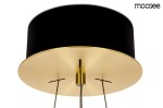 Lampa wisząca Saturnus LED 70, 1-punktowa, z okrągłym, złotym kloszem oraz czarnym wykończeniem. Widok z dołu, z widocznymi przewodami mocującymi. Minimalistyczny design, idealna do nowoczesnych wnętrz.