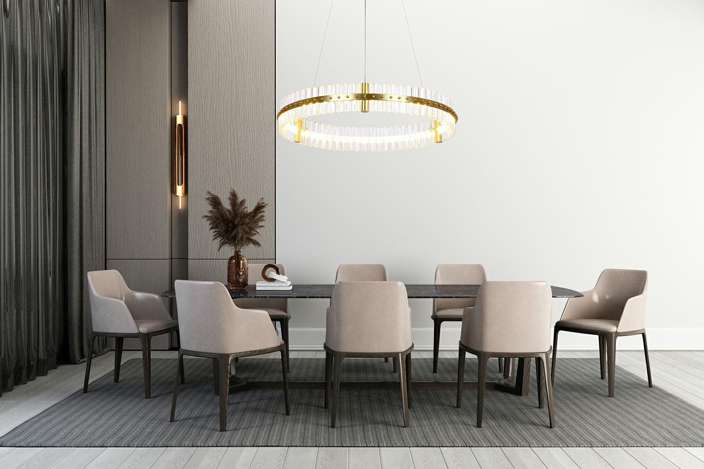 Lampa wisząca Saturnus LED 70 w kolorze złotym, o okrągłym kształcie z przezroczystymi detalami. Zawieszona nad stołem w jadalni, na tle jasnej ściany, w otoczeniu sześciu beżowych krzeseł i dekoracji.
