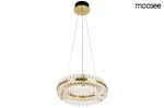 Lampa wisząca Saturnus Due LED w kolorze złotym, 1-punktowa. Okrągła konstrukcja z przezroczystymi elementami, zawieszona na cienkich linkach. Widoczna metalowa oprawa i dekoracyjne detale, umieszczona na białym tle.
