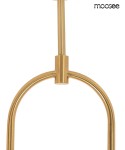Złota lampa wisząca Low z dwoma punktami świetlnymi, wykonana z metalu. Ujęcie z góry, pokazujące gładką, błyszczącą powierzchnię oraz zaokrąglone elementy konstrukcyjne. Prosty, nowoczesny design, idealny do różnorodnych wnętrz.