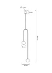 Lampa wisząca 2-punktowa w kolorze złotym, z dwoma okrągłymi kloszami o średnicy 13 cm, zwisająca na cienkich przewodach. Wysokość całkowita 133 cm, z mocowaniem o średnicy 7 cm. Prosty, nowoczesny design.