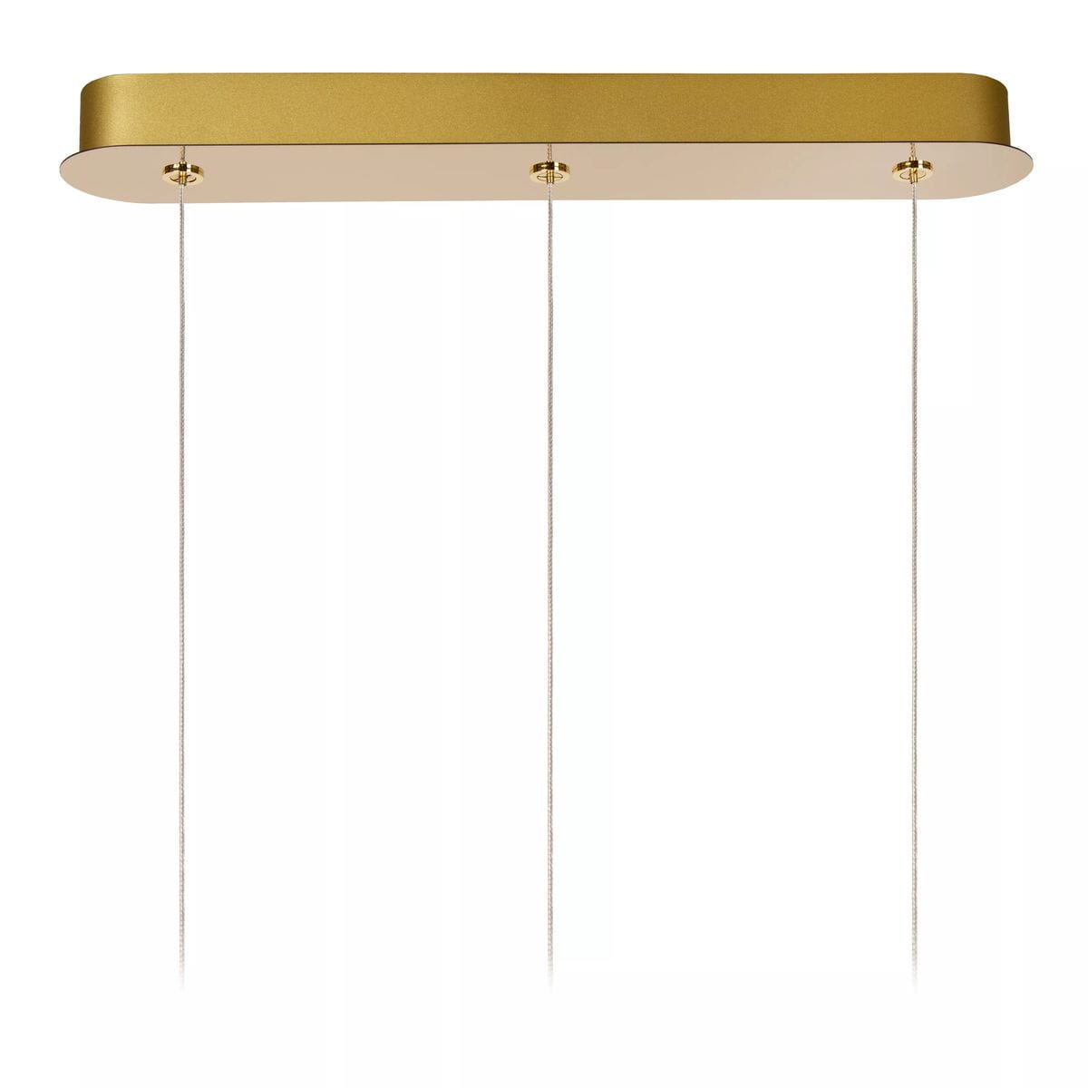 Lampa wisząca Cintra LED 3-punktowa w kolorze złotym z transparentnym kloszem. Posiada prostokątną podstawę z trzema zawieszeniami, wiszącą na cienkich linkach. Idealna do nowoczesnych wnętrz.