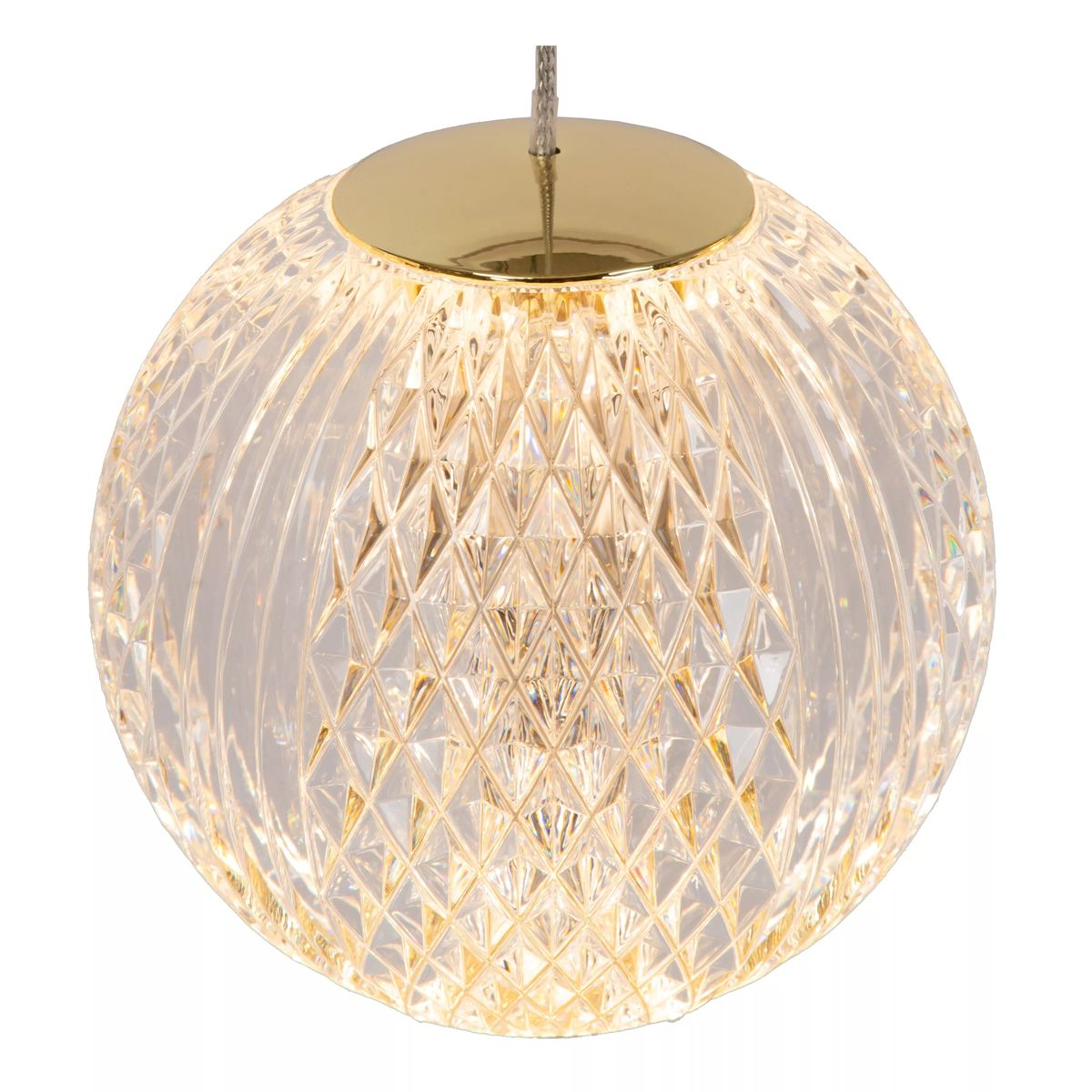 Lampa wisząca Cintra LED 3-punktowa w kolorze złotym i transparentnym. Okrągła, kryształowa kula z diamentowym wzorem, z metalowym, złotym mocowaniem u góry. Zawieszona na cienkim kablu, emitująca ciepłe światło.