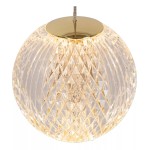 Lampa wisząca Cintra LED w złotym wykończeniu z transparentnym kloszem w kształcie kuli, z wyraźnie widocznym diamentowym wzorem, zawieszona na cienkim przewodzie. Idealna do nowoczesnych wnętrz.