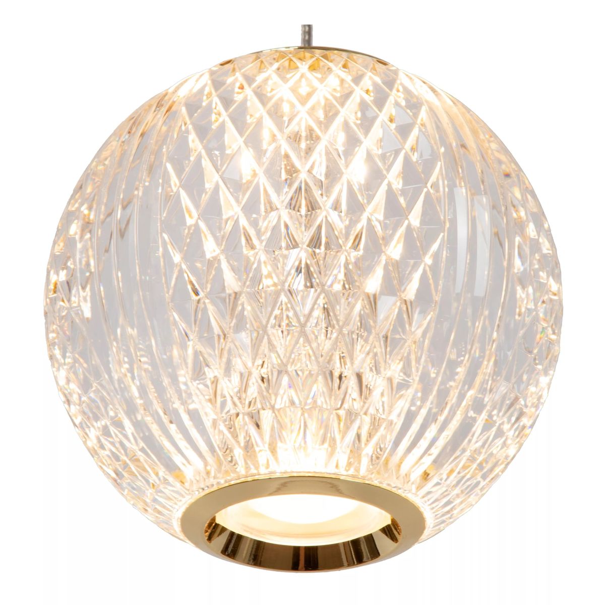 Lampa wisząca Cintra LED 3-punktowa w kolorze złotym i transparentnym, o okrągłym kształcie z teksturowanym kloszem w diamentowy wzór. Ujęcie z góry, zawieszona na cienkim przewodzie, z widocznym źródłem światła w dolnej części.