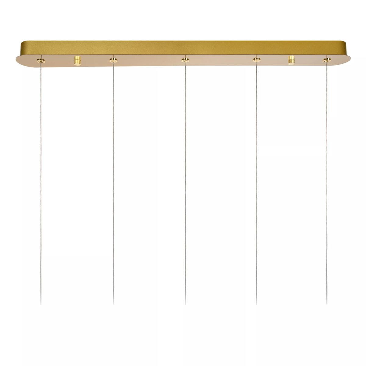 Cintra LED lampa wisząca 5-punktowa w złotym kolorze z transparentnym kloszem. Posiada prostokątną, metalową podstawę i pięć zwisających przewodów. Ujęcie z góry, z widocznymi detalami mocowania i równymi odstępami między punktami świetlnymi.