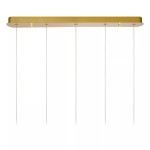 Cintra LED lampa wisząca 5-punktowa w złotym kolorze z transparentnym kloszem. Posiada prostokątną, metalową podstawę i pięć zwisających przewodów. Ujęcie z góry, z widocznymi detalami mocowania i równymi odstępami między punktami świetlnymi.
