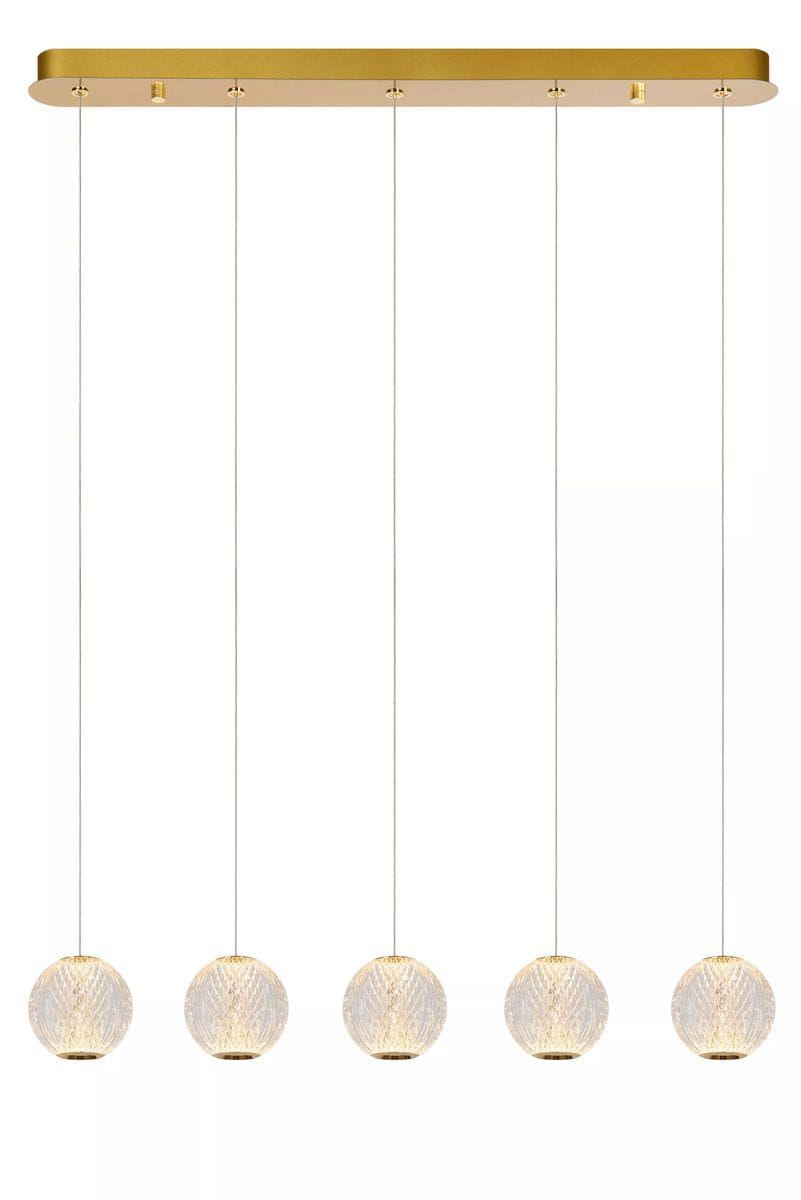 Złota lampa wisząca Cintra z pięcioma transparentnymi kulami. Kule mają teksturowaną powierzchnię i są zawieszone na cienkich linkach. Lampa montowana na prostokątnej złotej podstawie, widoczna na białym tle.