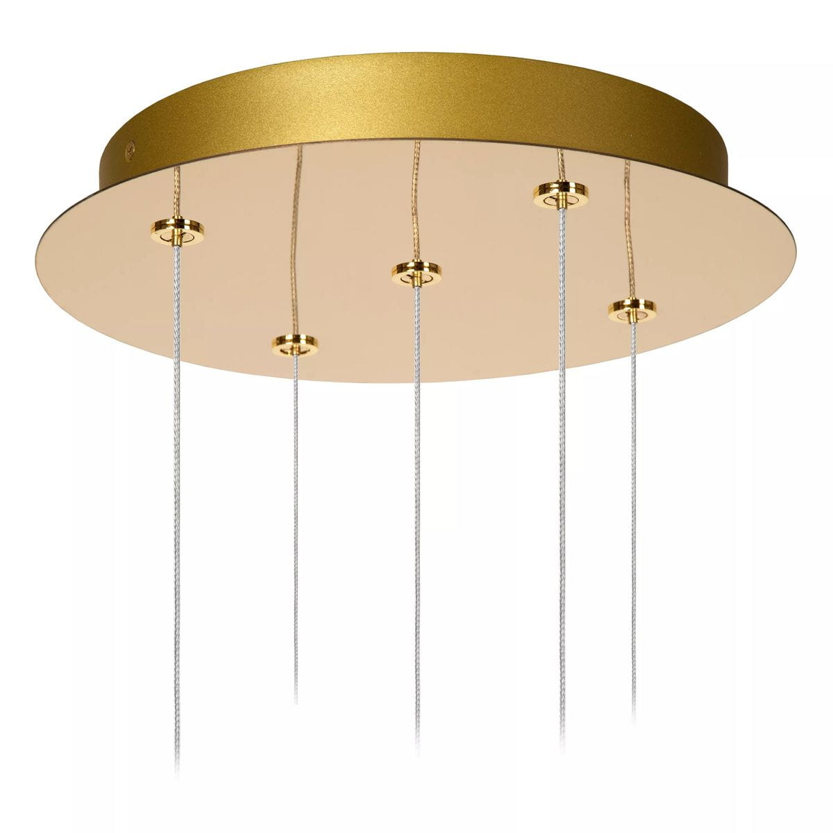 Lampa wisząca Cintra LED 5-punktowa, złota z transparentnym kloszem, o okrągłej podstawie. Posiada pięć zwisających źródeł światła zawieszonych na cienkich, przezroczystych linkach. Idealna do nowoczesnych wnętrz.