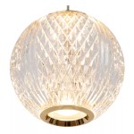 Cintra LED lampa wisząca 5-punktowa w złotym kolorze z transparentnym kloszem w kształcie kuli, o fakturze diamentowego szlifowania. Zawieszona na cienkim przewodzie, emitująca ciepłe światło, idealna do nowoczesnych wnętrz.