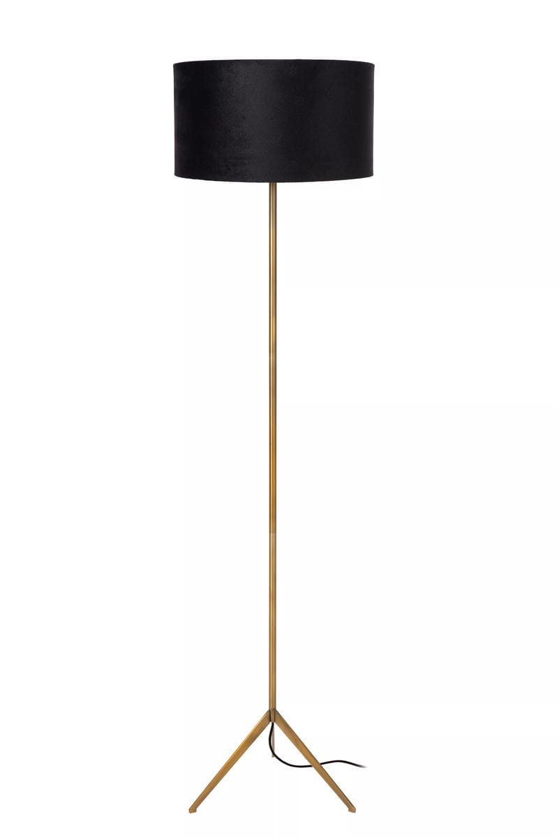 Lampa podłogowa Tondo 1-punktowa w kolorze złotym i czarnym. Stojąca, z okrągłym, czarnym abażurem z materiału oraz metalową, złotą nogą w kształcie trójnogu. Prosta forma, idealna do nowoczesnych wnętrz.