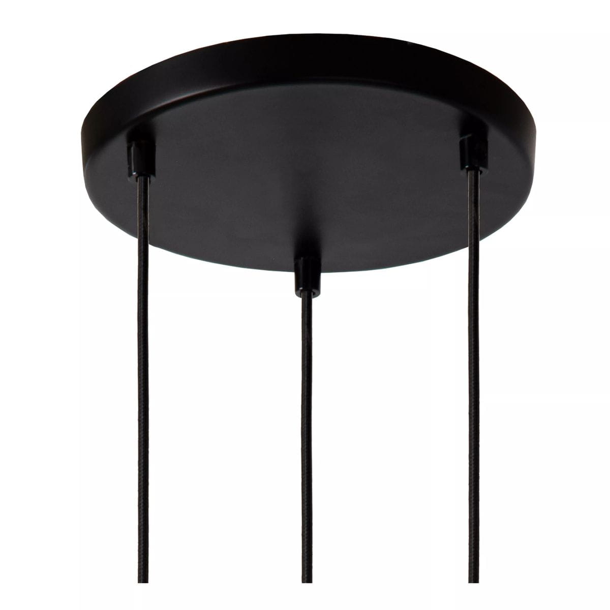 Lampa wisząca Medine 3-punktowa w kolorze czarnym z białymi detalami. Widoczna okrągła podsufitka w matowym wykończeniu z trzema zwisającymi przewodami. Produkt montowany w pozycji wiszącej, idealny do nowoczesnych wnętrz.