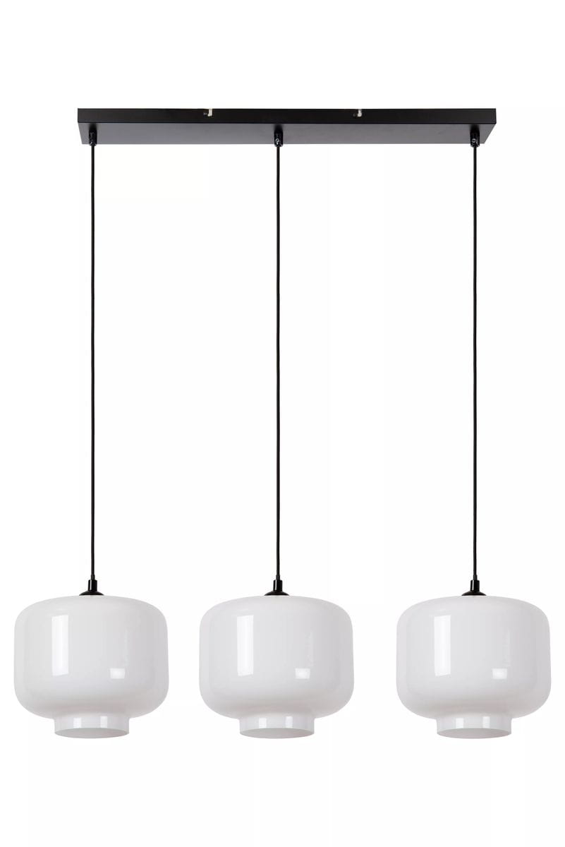 Lampa wisząca Medine 3-punktowa w kolorze czarnym i białym. Składa się z trzech okrągłych kloszy z białego szkła zawieszonych na czarnych przewodach. Montaż na prostokątnej podstawie. Idealna do nowoczesnych wnętrz.