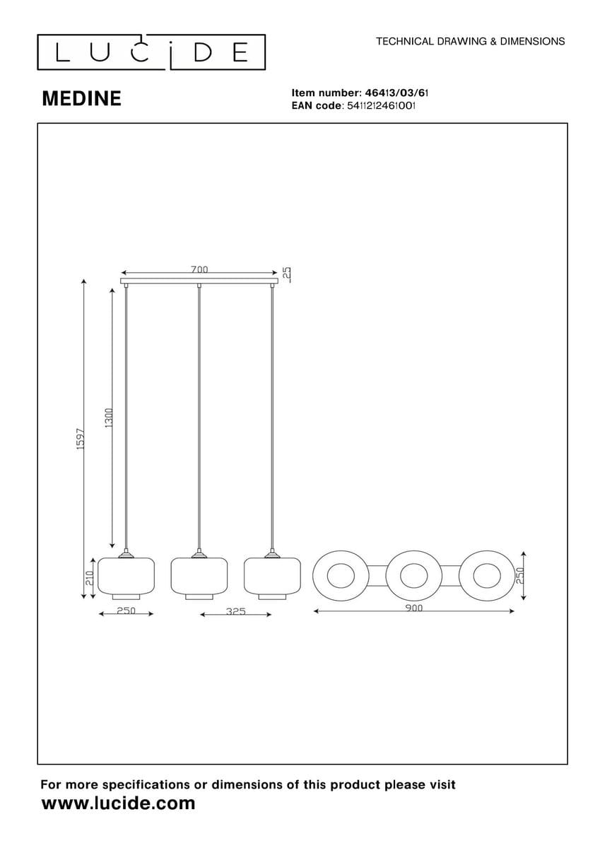 Lampa wisząca Medine 3-punktowa, w kolorze czarnym i białym. Składa się z trzech okrągłych kloszy na długich zwisach. Klosze mają średnicę 250 mm i wysokość 210 mm. Ujęcie frontalne, pokazujące układ i wymiary lampy.