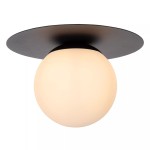 Czarna lampa sufitowa Tricia 1-punktowa z okrągłym kloszem z białego szkła. Lampa ma płaski, metalowy daszek, montowana jest pod sufitem, zapewniając minimalistyczne oświetlenie. Idealna do nowoczesnych wnętrz.