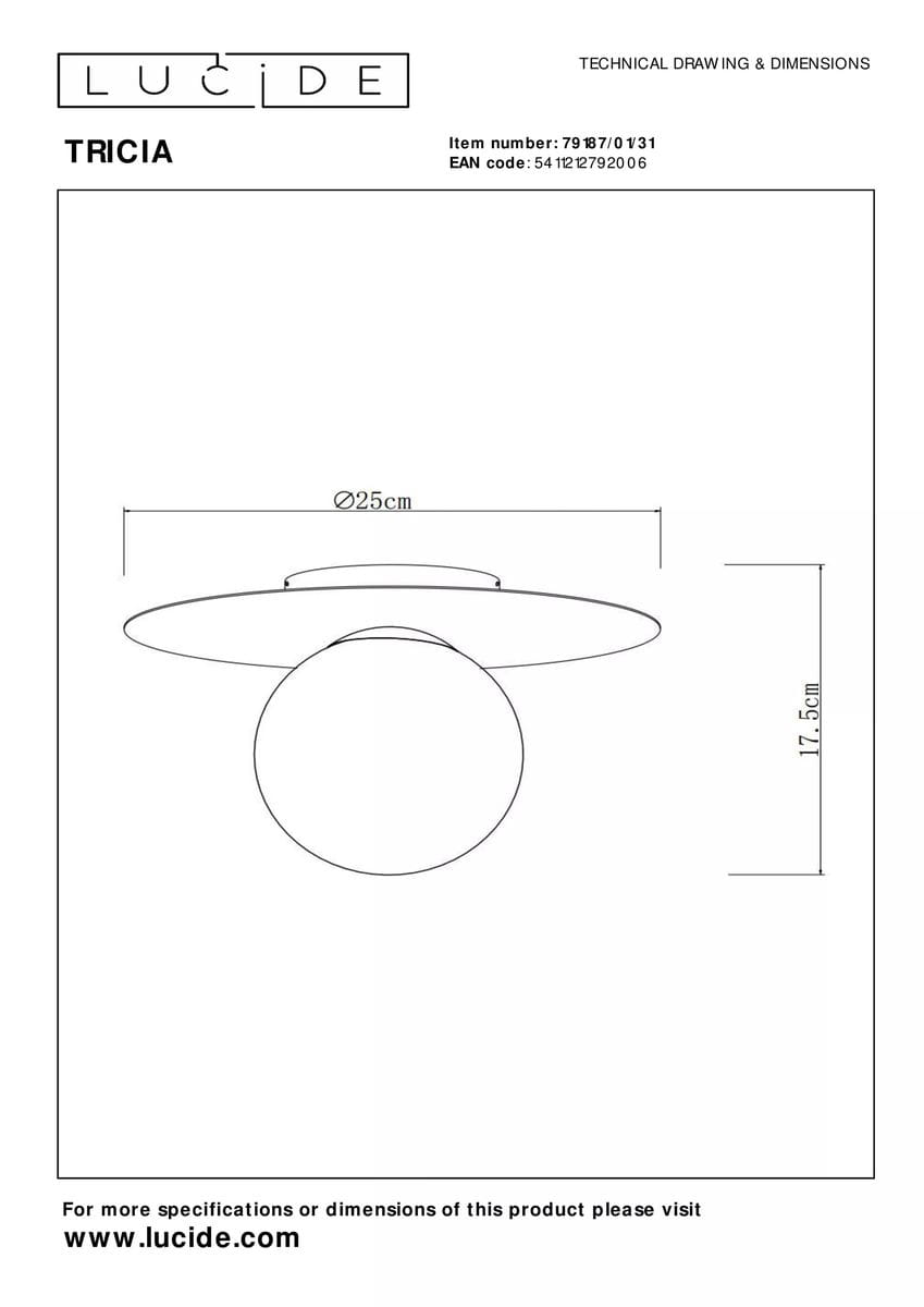 Biała lampa sufitowa Tricia, jedno-punktowa, o średnicy 25 cm i wysokości 17,5 cm. Okrągły klosz z przezroczystą kulą, zamontowany na płaskim, okrągłym elemencie mocującym. Prosty, nowoczesny design.
