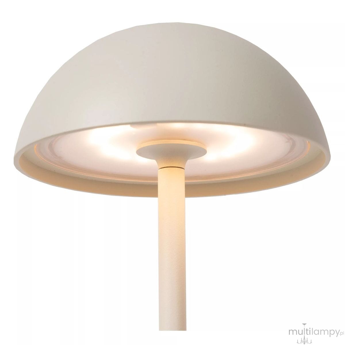 Biała lampa stołowa Joy LED z okrągłym kloszem i prostą podstawą. Ujęcie z góry, pokazujące emitujące światło wnętrze klosza. Lampa przeznaczona do użytku zewnętrznego, minimalistyczny design.