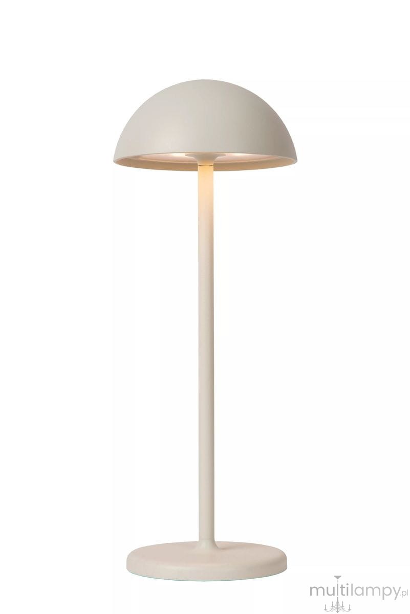 Biała lampa stołowa Joy LED z okrągłym kloszem, stojąca na okrągłej podstawie. Ujęcie frontalne, pokazujące elegancki, minimalistyczny design. Lampa przeznaczona do użytku zewnętrznego, z delikatnym podświetleniem.