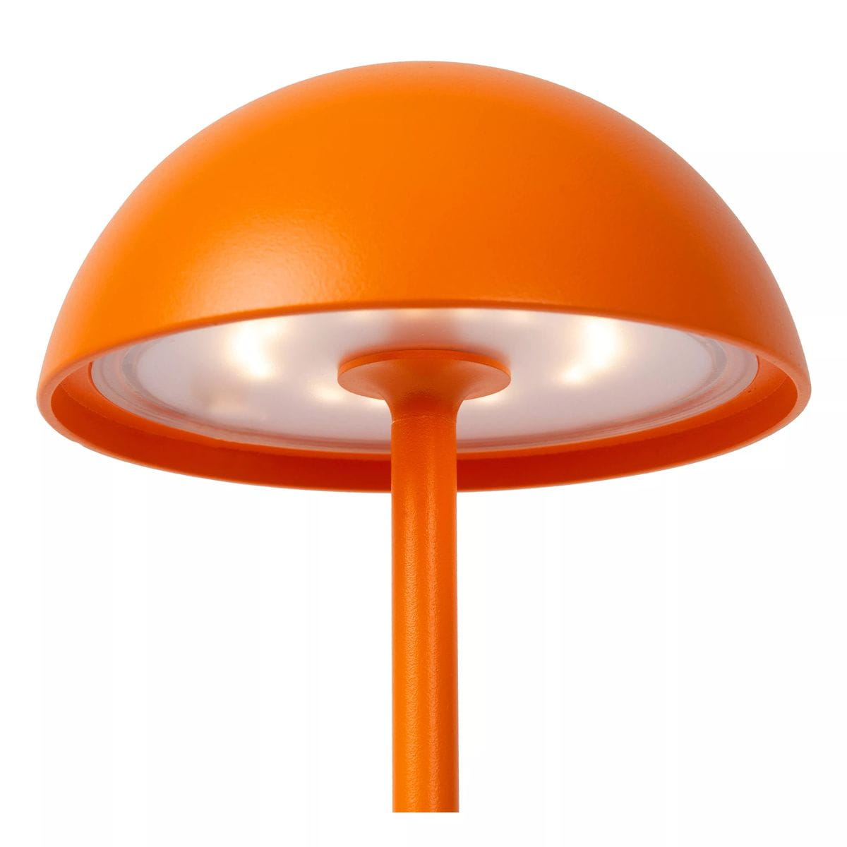 Pomarańczowa lampa stołowa Joy LED z okrągłym kloszem, stojąca na cienkiej nodze. Klosz ma matową powierzchnię, a na górze znajduje się źródło światła. Produkt idealny do użytku zewnętrznego.