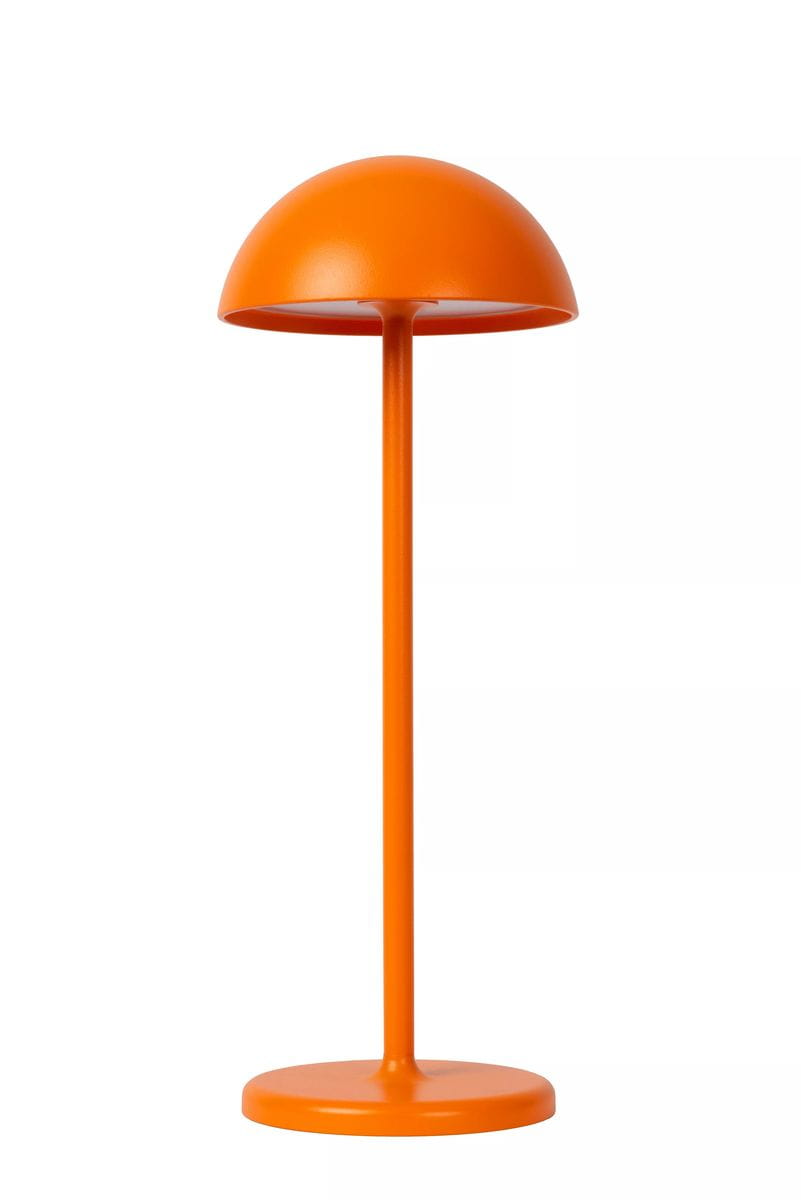 Pomarańczowa lampa stołowa Joy LED, z okrągłą podstawą i zaokrąglonym kloszem, stojąca w pozycji pionowej. Prosta, nowoczesna forma, wykonana z metalu, idealna do użytku zewnętrznego. Na jednolitym tle, bez dodatkowych elementów.