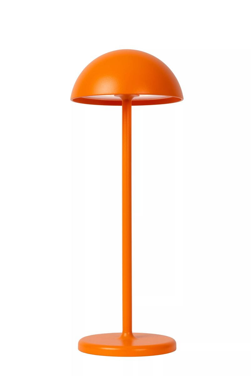 Pomarańczowa lampa stołowa Joy LED z okrągłą podstawą i półkulistym kloszem, stojąca w pozycji pionowej. Wykonana z metalu, idealna do użytku na zewnątrz. Prosta forma i intensywny kolor sprawiają, że nadaje się do nowoczesnych aranżacji.