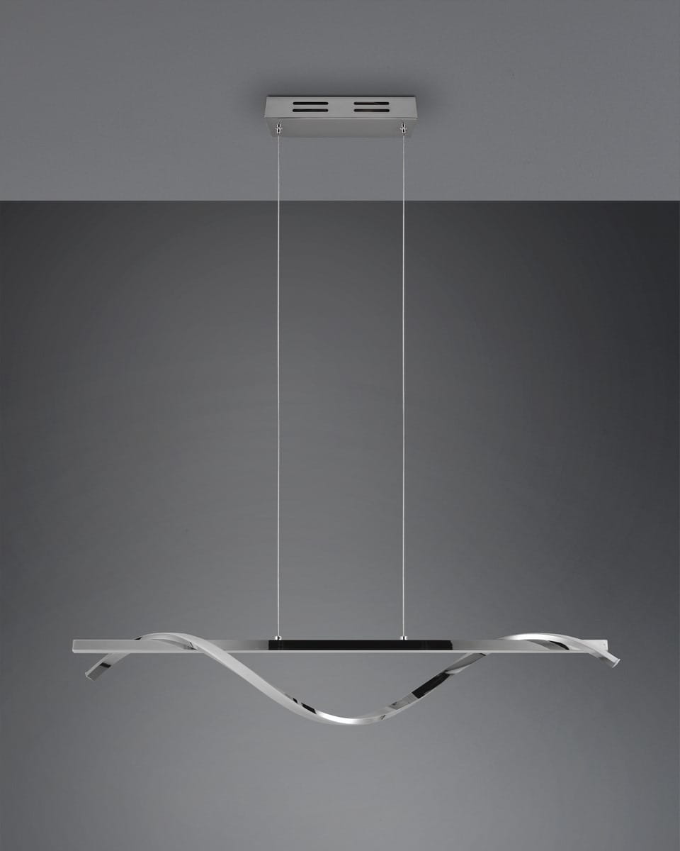 Lampa wisząca Isabel LED 2-punktowa w kolorze chromu, z falistym metalowym kloszem i czarną podstawą. Zawieszona na przezroczystych linkach, montowana sufitowo. Prosty, nowoczesny design, idealna do różnych wnętrz.