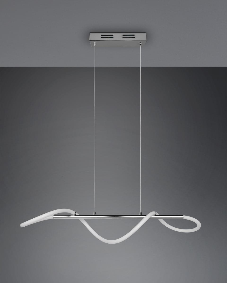 Lampa wisząca Argos LED w kolorze chromu z białymi elementami, o nowoczesnym, falistym kształcie. Zawieszona na dwóch cienkich żyłkach, z prostokątnym mocowaniem sufitowym. Idealna do minimalistycznych wnętrz.