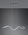 Lampa wisząca Argos LED w kolorze chromu z białymi elementami, o nowoczesnym, falistym kształcie. Zawieszona na dwóch cienkich żyłkach, z prostokątnym mocowaniem sufitowym. Idealna do minimalistycznych wnętrz.