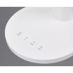 Biała lampa biurkowa Sally LED z okrągłą podstawą, widoczne przyciski: ON/OFF, UP, DOWN, 45MIN. Ujęcie z góry, prezentujące detale panelu sterowania.