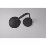 Czarna lampa biurkowa LED Sally z elastycznym ramieniem, okrągłą podstawą i przyciskami regulacyjnymi. Widok z góry, ukazujący prostą formę i minimalistyczny design. Wymiary podstawy i wysokości nieokreślone.