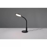 Czarna lampa biurkowa LED Sally o jednej oprawie, z elastycznym ramieniem i okrągłą podstawą. Ujęcie z boku, na jednolitym tle. Widoczny kabel zasilający, klosz w kształcie owalu zapewniający kierunkowe światło.