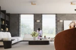 Lappo lampa sufitowa 2-punktowa w kolorze naturalnym, montowana na suficie. Posiada minimalistyczny design z drewnianymi akcentami. Widoczna w aranżacji nowoczesnego salonu, obok stolika kawowego i okna z żaluzjami.