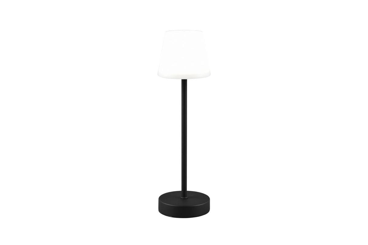 Martinez LED lampa stołowa zewnętrzna, czarna podstawa z metalowym wykończeniem, biała, półprzezroczysta klosz w kształcie stożka. Produkt stoi na okrągłej podstawie, prezentowany z przodu na jednolitym tle.