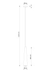 Lampa wisząca Sula 1-punktowa o naturalnym wykończeniu. Wysokość 120 cm, średnica klosza 8 cm, długość klosza 38 cm. Prosta konstrukcja z cylindrycznym kloszem, mocowana na cienkim przewodzie. Tło proste, białe.