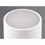 Biała lampa stołowa zewnętrzna Fernandez LED, okrągła, z matowym kloszem i przyciskiem włączania na górze. Produkt widoczny z góry, na jednolitym tle.