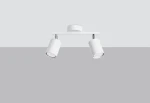 Lemmi lampa sufitowa (spot) 2-punktowa w kolorze białym, z dwiema cylindrycznymi głowicami na ruchomych ramionach. Montowana na suficie, z metalowym wykończeniem. Ujęcie frontalne na jasnym tle, pokazujące elegancki design lampy.