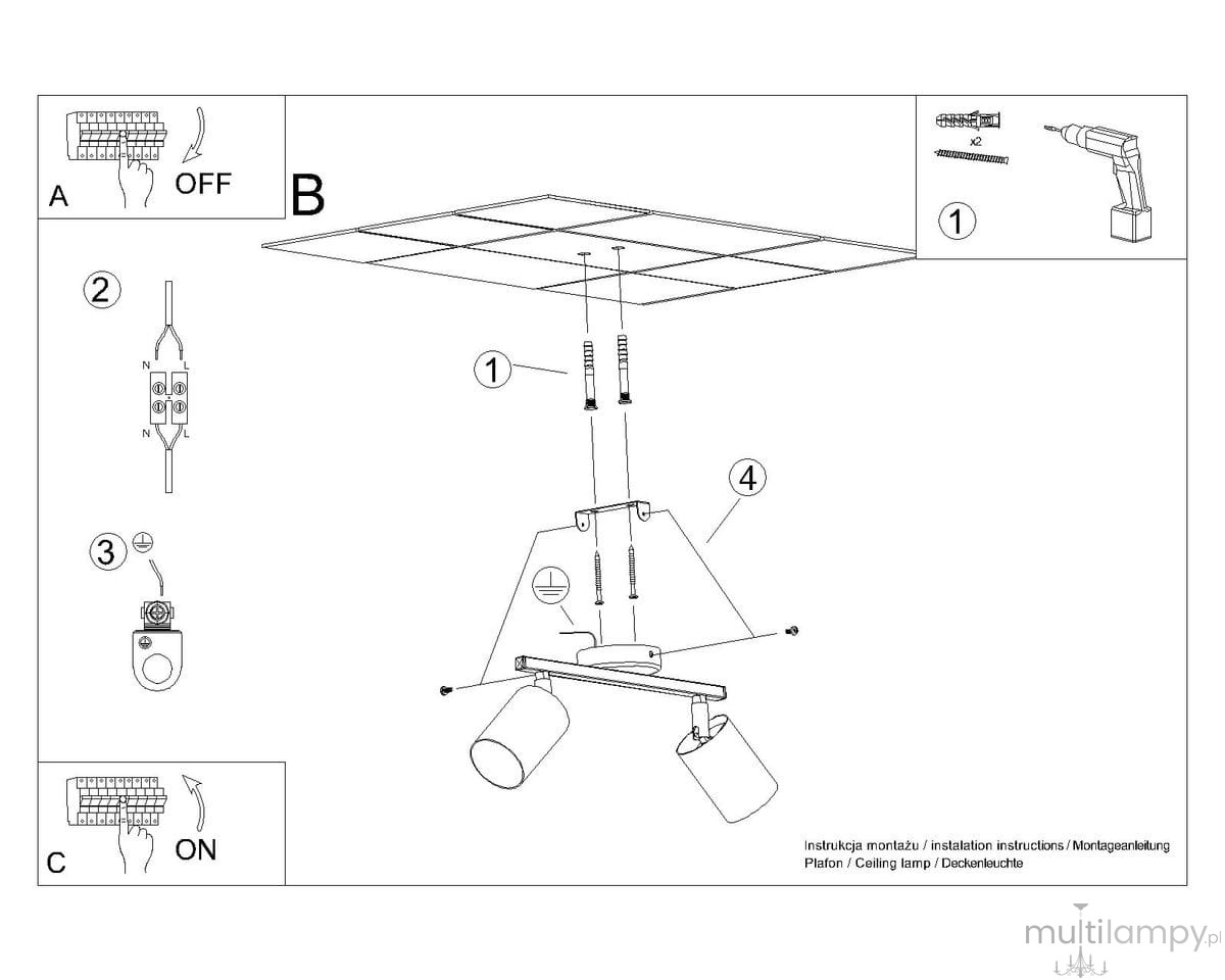 Lemmi lampa sufitowa (spot) 2-punktowa biała, zawieszona pod sufitem, z dwoma cylindrycznymi kloszami. Wykonana z metalu, z prostą, minimalistyczną konstrukcją. Widziana z przodu, z widocznymi elementami montażowymi.