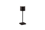 Czarna lampa stołowa zewnętrzna Fernandez LED o prostym, cylindrycznym kloszu i stabilnej, kwadratowej podstawie. Produkt stoi w pozycji pionowej, wykonany z materiałów odpornych na warunki atmosferyczne. Idealna do ogrodu lub na taras.
